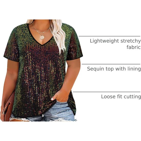 Plus Size Sequin Top Women Short Sleeve Party Blouse Sparkle V Neck - Picture 4 of 7